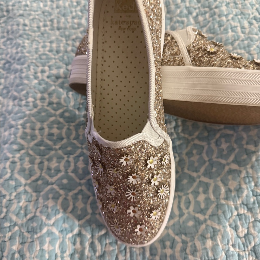 Kate Spade Gold and White Glitter Sneakers Slip-On wore once